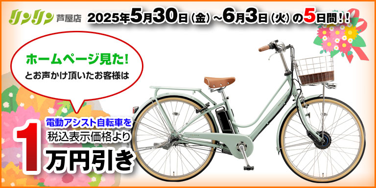 「ホームページ見た！」とのお声掛けで、電動アシスト自転車、表示価格から1万円引き！バナー